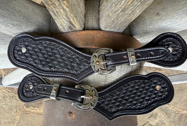 Medium - Jake Vance Black Seashell Spur Straps - Bowed w/ Kerry Kelley Buckles