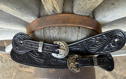 Large - Jake Vance Black Floral Spur Straps - Teardrop w/ Kerry Kelley Buckles