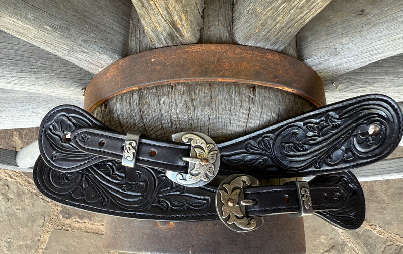 Large - Jake Vance Black Floral Spur Straps - Teardrop w/ Kerry Kelley Buckles