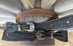 XX-Large Jake Vance Black Seashell Spur Straps - Square w/ fancy Kerry Kelley Buckles