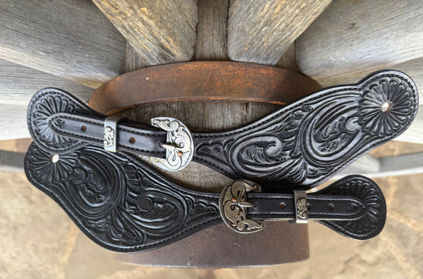 X-Large Jake Vance Black Floral Spur Straps - Curved w/ Kerry Kelley Buckles