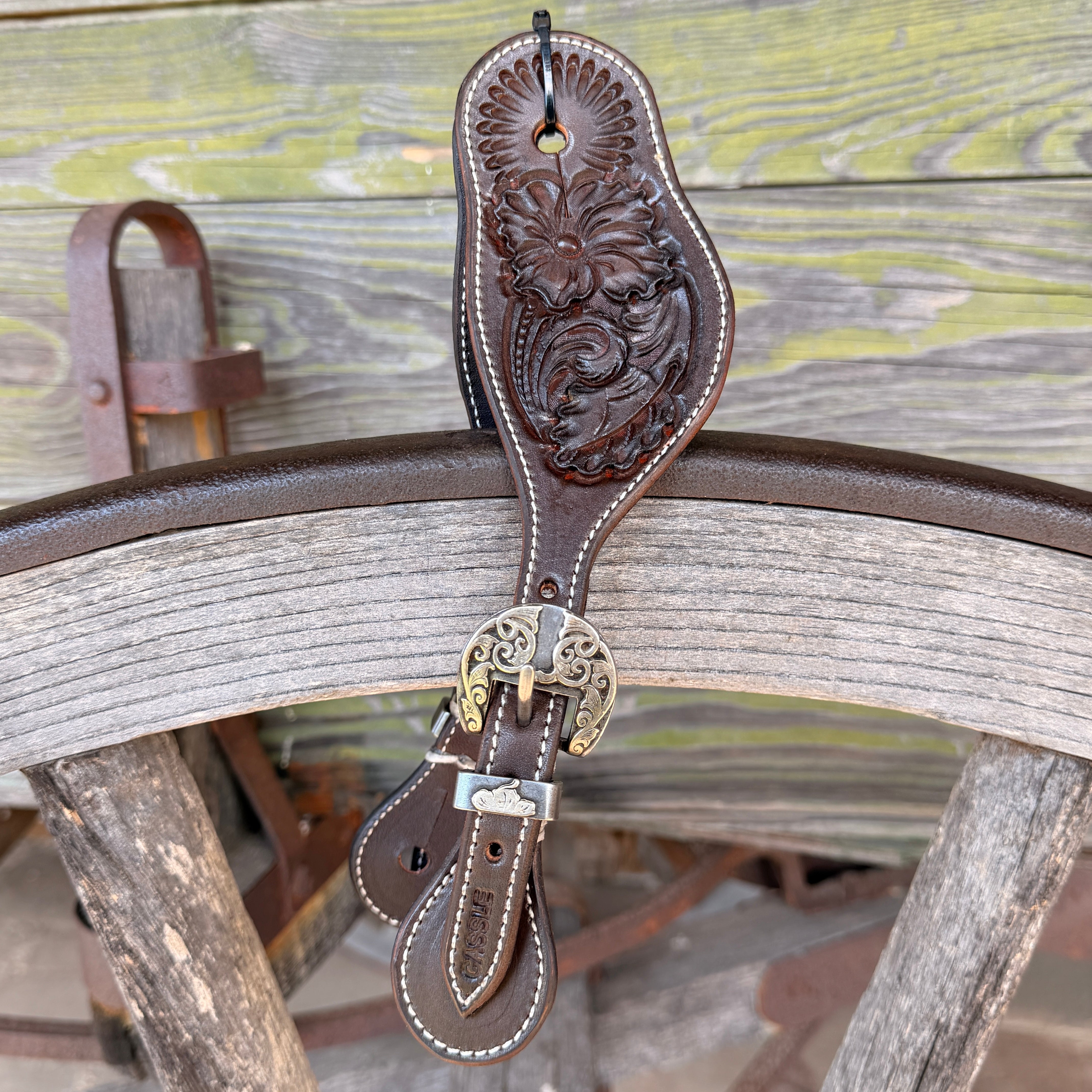 Clay Cassle Medium-Large Round Tooled Chocolate Spur Straps w/ KK Fancy Buckles