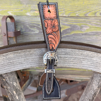 Clay Cassle Small-Medium Square Tooled Black and Natural Spur Straps w/ KK Fancy Buckles