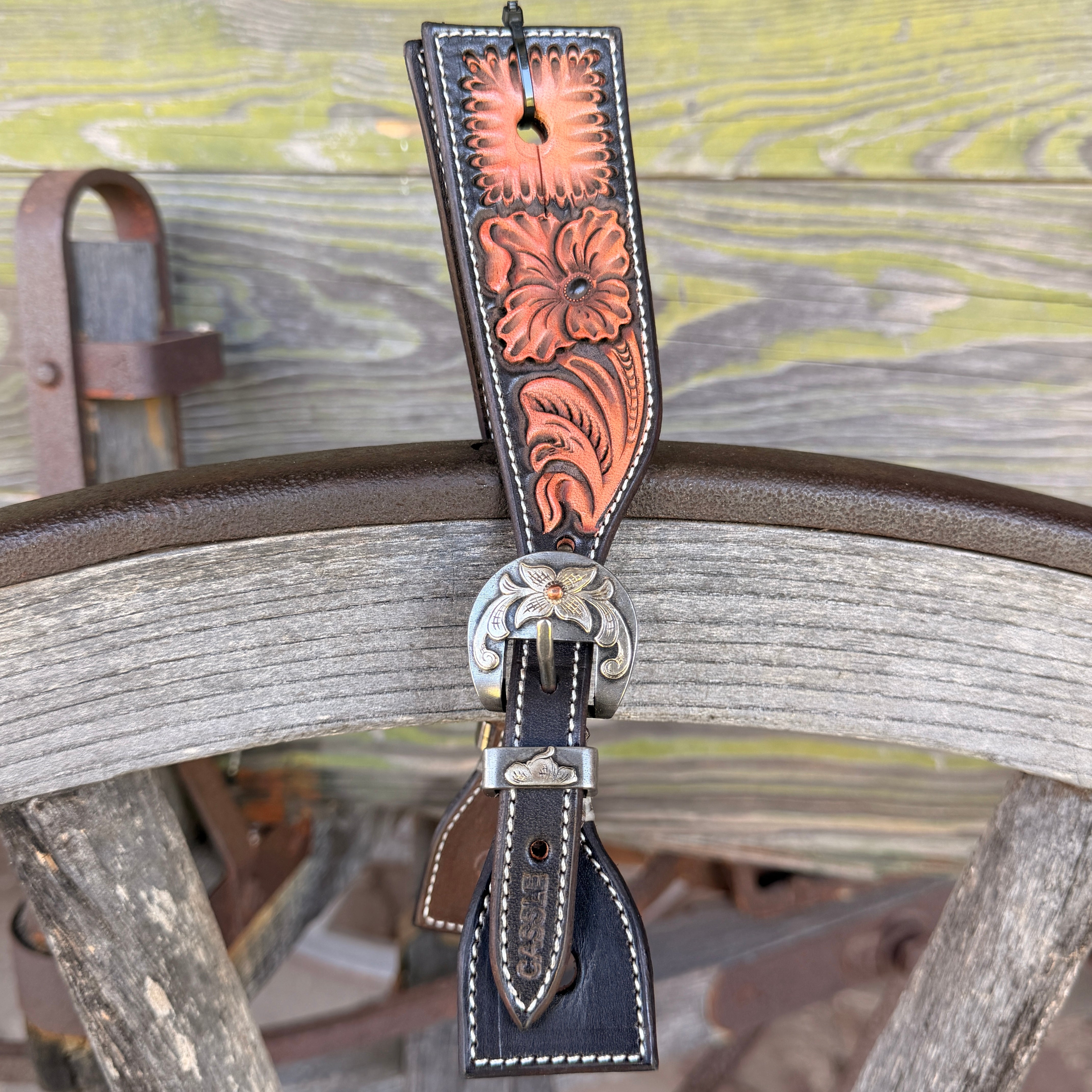 Clay Cassle Small-Medium Square Tooled Black and Natural Spur Straps w/ KK Fancy Buckles