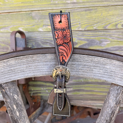 Clay Cassle Small-Medium Square Tooled Black and Natural Spur Straps w/ KK Fancy Buckles