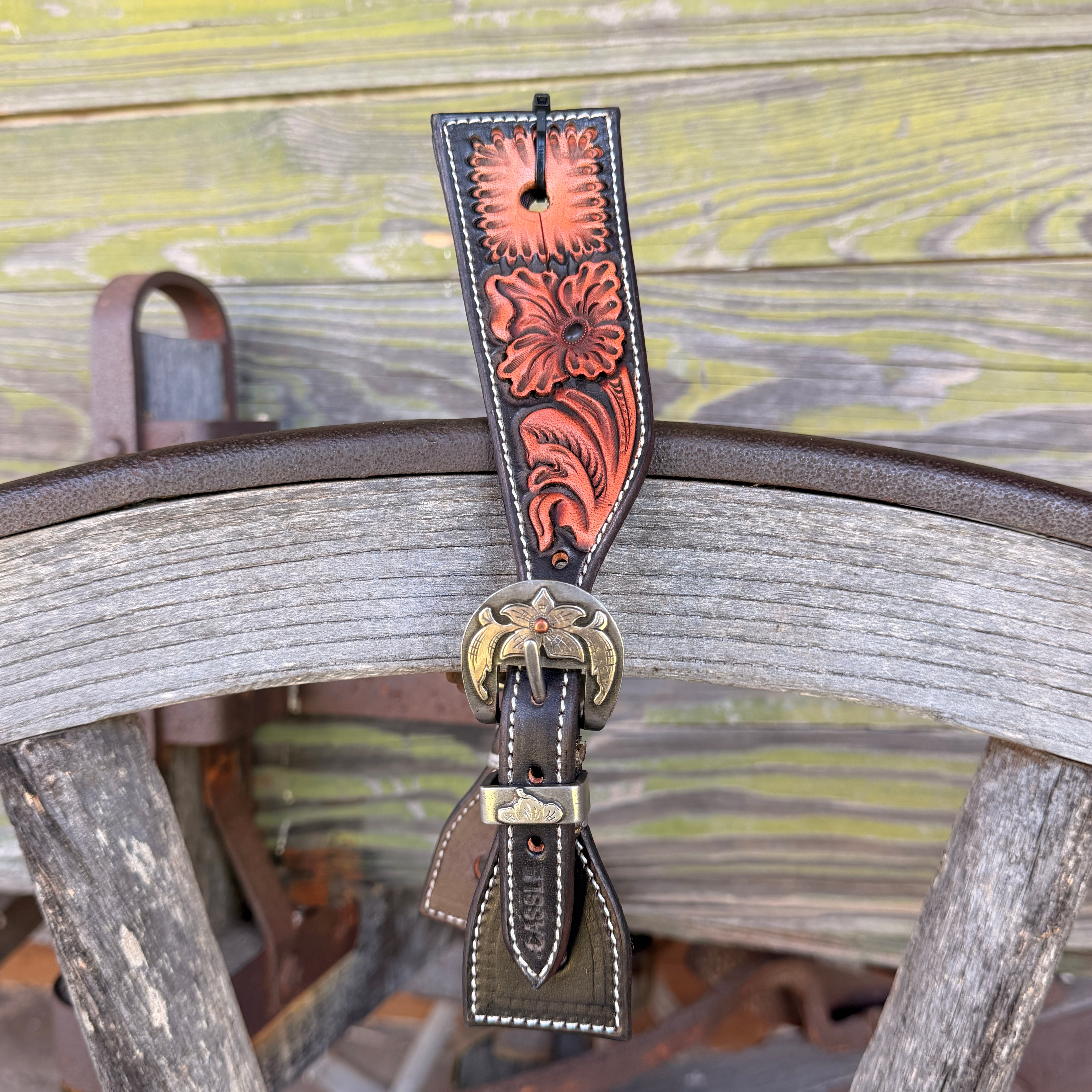 Clay Cassle Small-Medium Square Tooled Black and Natural Spur Straps w/ KK Fancy Buckles