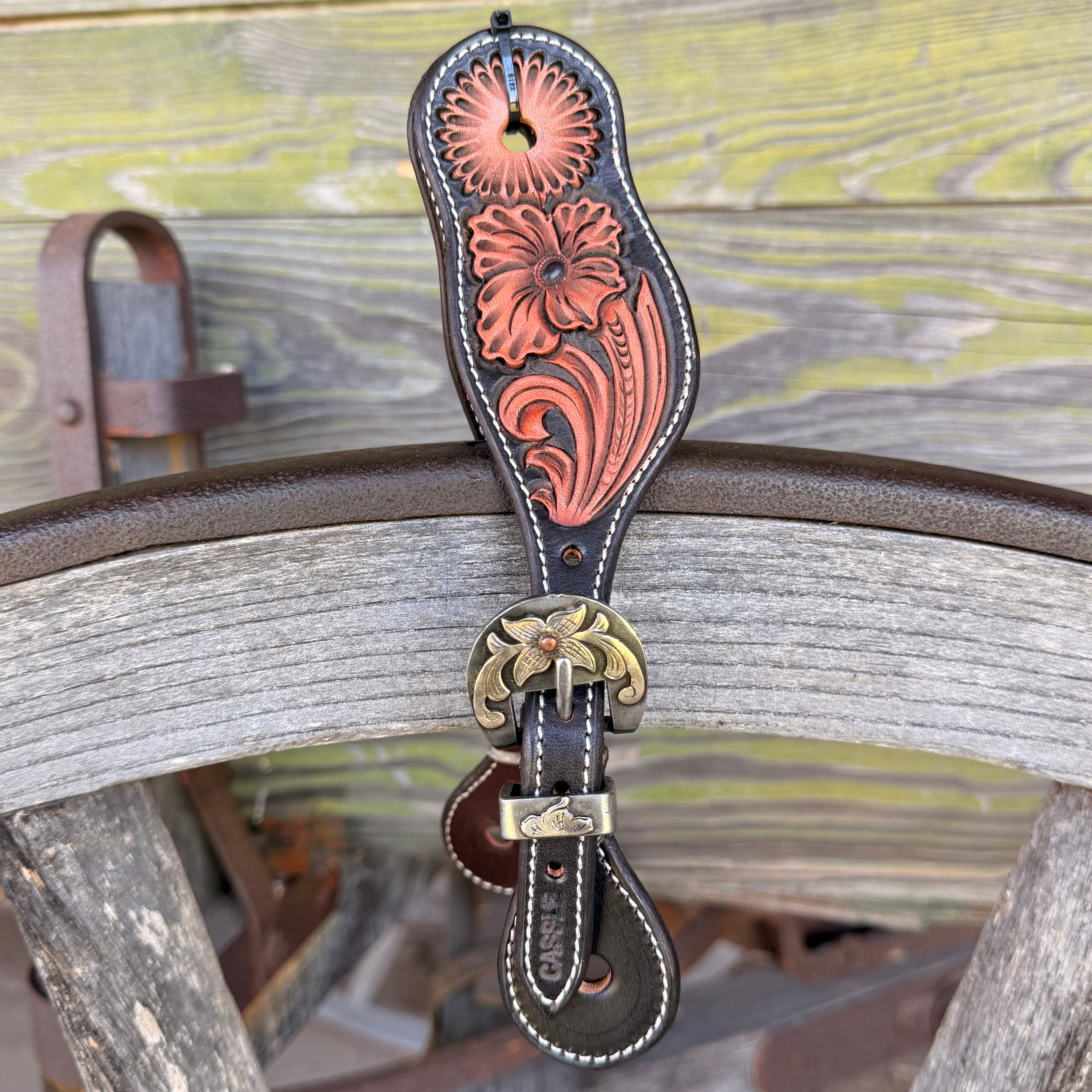Clay Cassle Small-Medium Round Tooled Black and Natural Spur Straps w/ KK Fancy Buckles