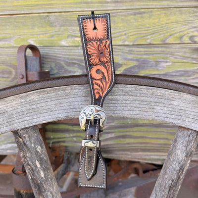 Clay Cassle Medium-Large Square Tooled Black and Natural Spur Straps w/ KK Fancy Buckles