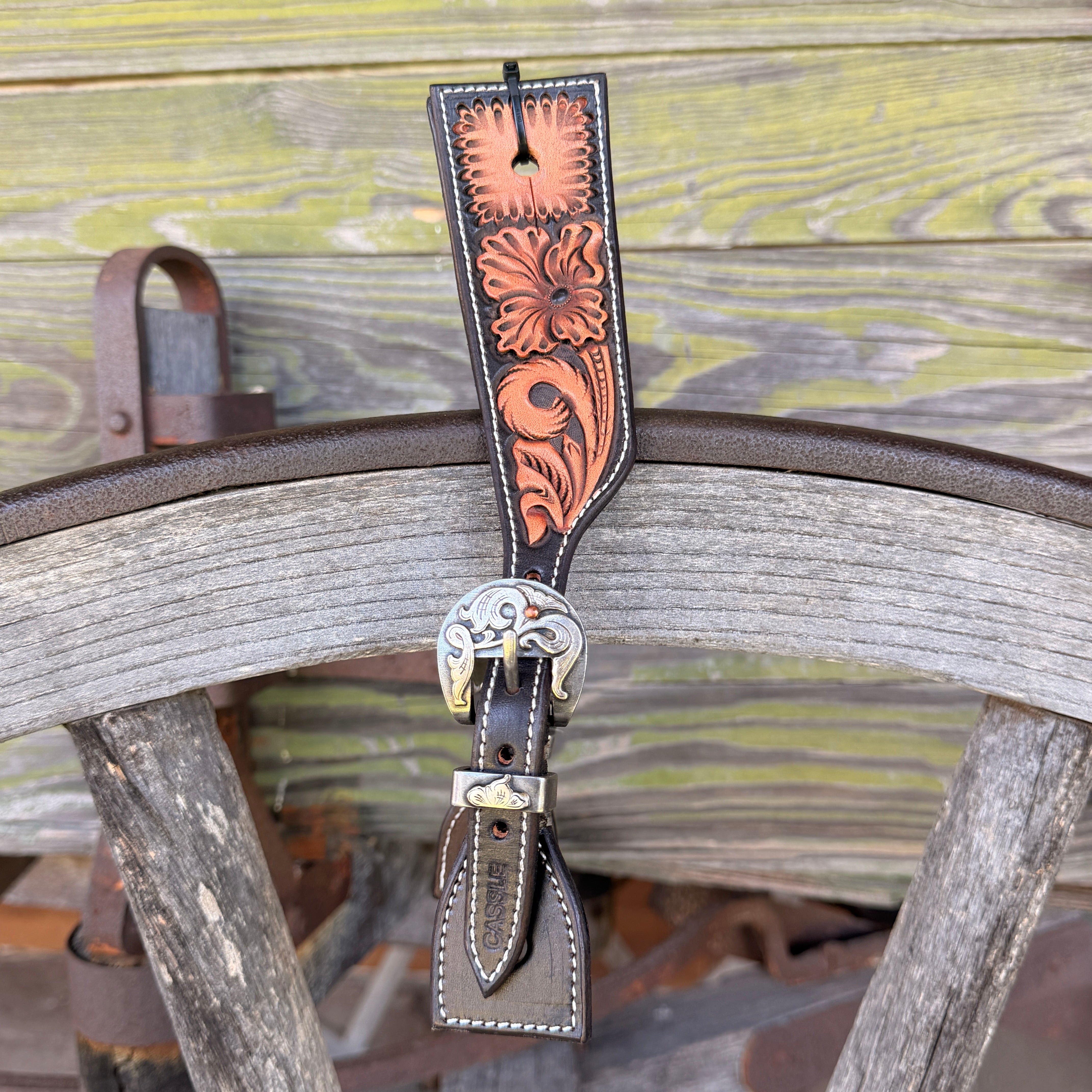 Clay Cassle Medium-Large Square Tooled Black and Natural Spur Straps w/ KK Fancy Buckles