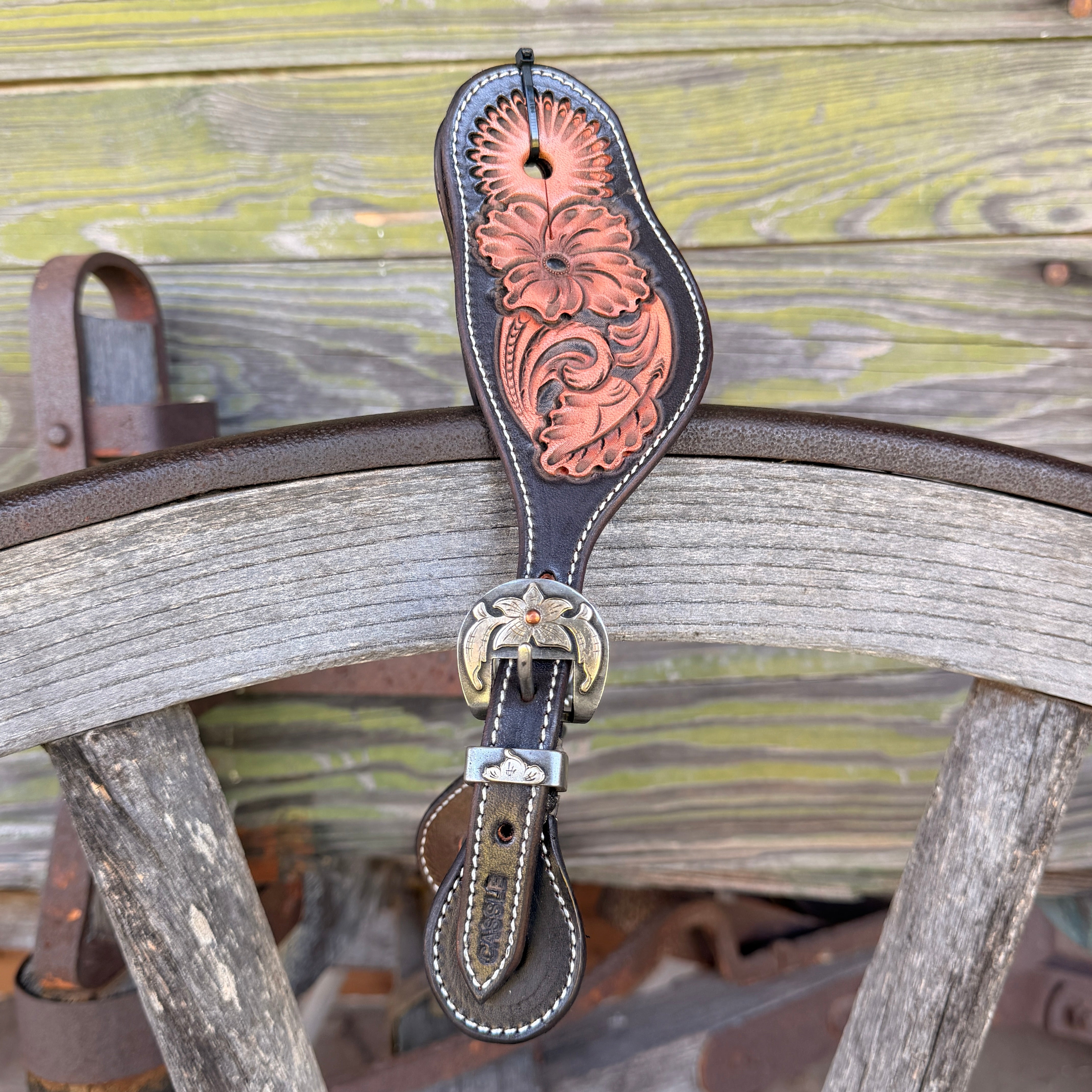 Clay Cassle Medium-Large Round Tooled Black and Natural Spur Straps w/ KK Fancy Buckles