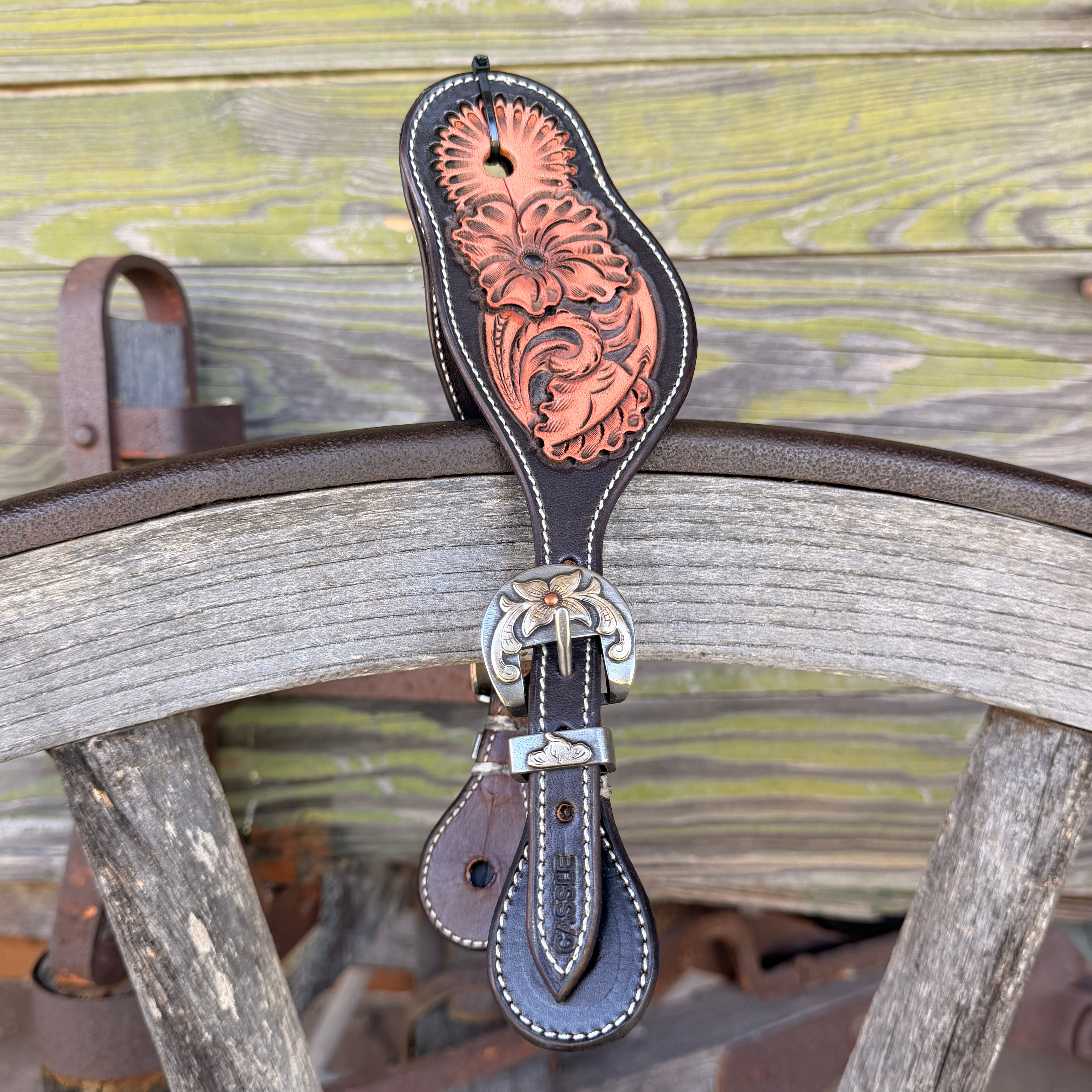 Clay Cassle Medium-Large Round Tooled Black and Natural Spur Straps w/ KK Fancy Buckles
