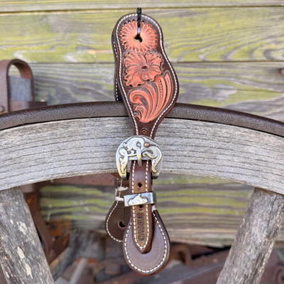 Clay Cassle Small-Medium Round Tooled Brown and Natural Spur Straps w/ KK Fancy Buckles