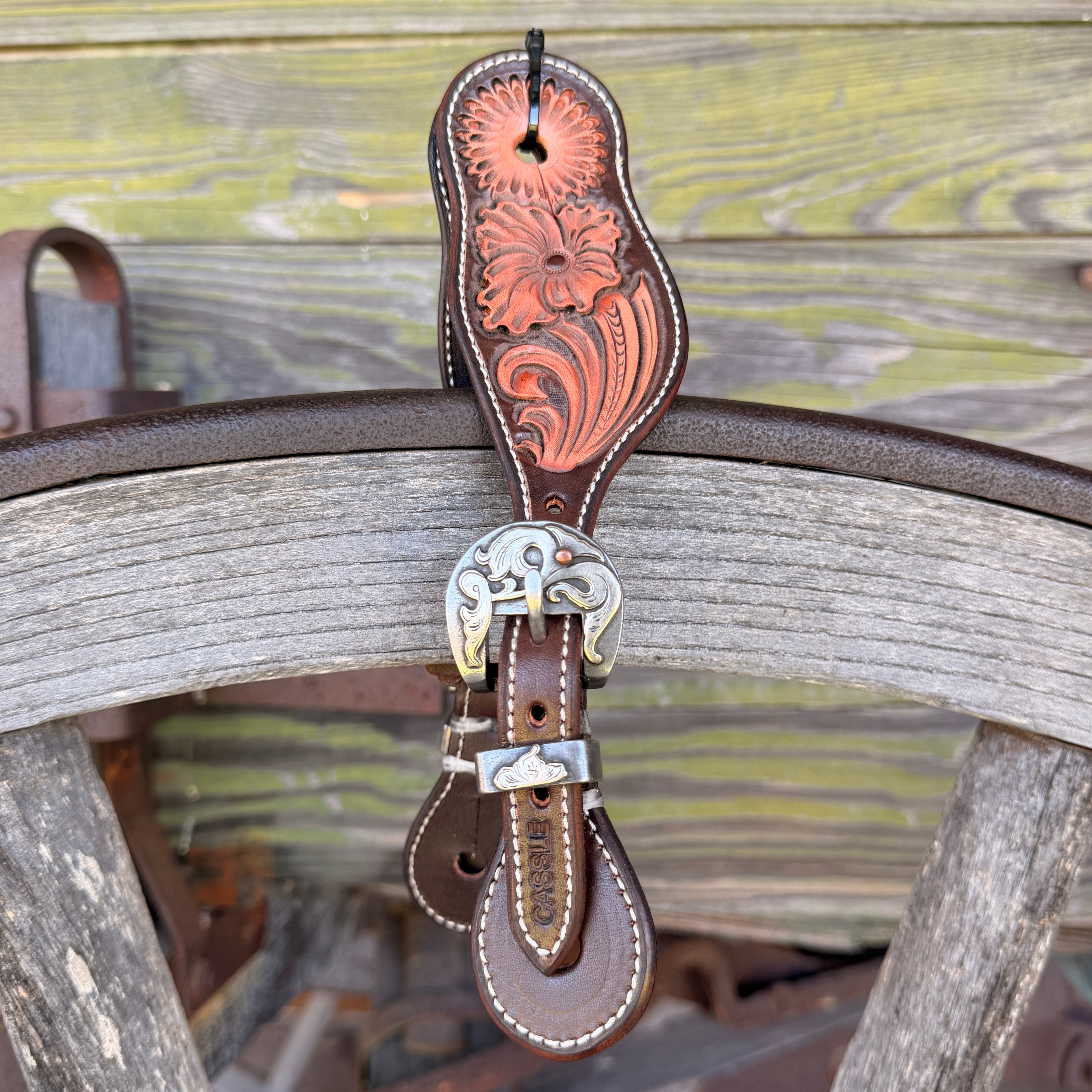 Clay Cassle Small-Medium Round Tooled Brown and Natural Spur Straps w/ KK Fancy Buckles