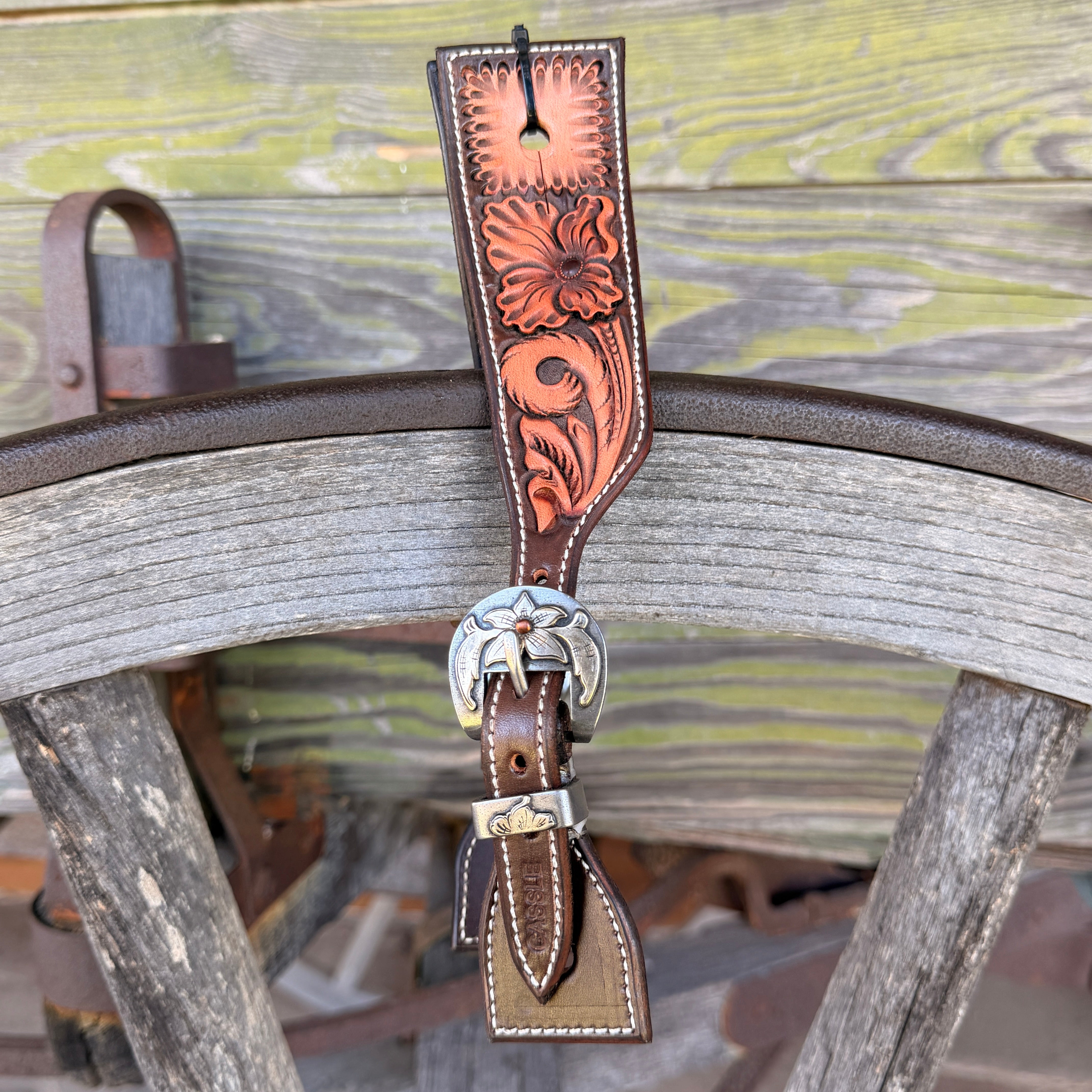 Clay Cassle Medium-Large Square Tooled Brown and Natural Spur Straps w/ KK Fancy Buckles