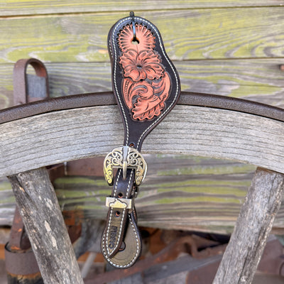 Clay Cassle Medium-Large Round Tooled Black and Natural Spur Straps w/ KK Fancy Buckles