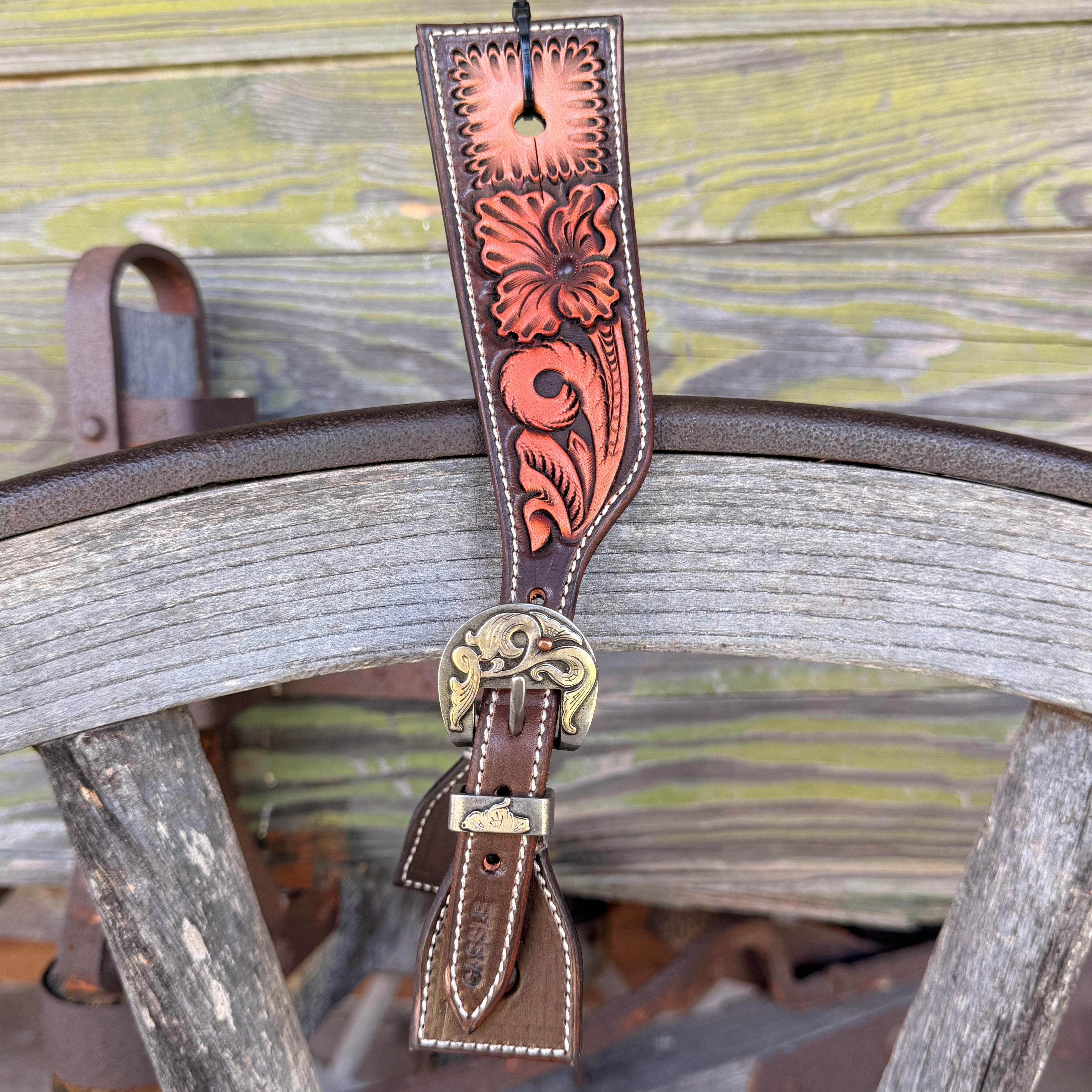 Clay Cassle Medium-Large Square Tooled Brown and Natural Spur Straps w/ KK Fancy Buckles