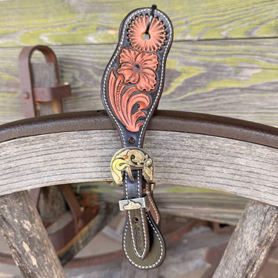 Clay Cassle Small-Medium Round Tooled Black and Natural Spur Straps w/ KK Fancy Buckles