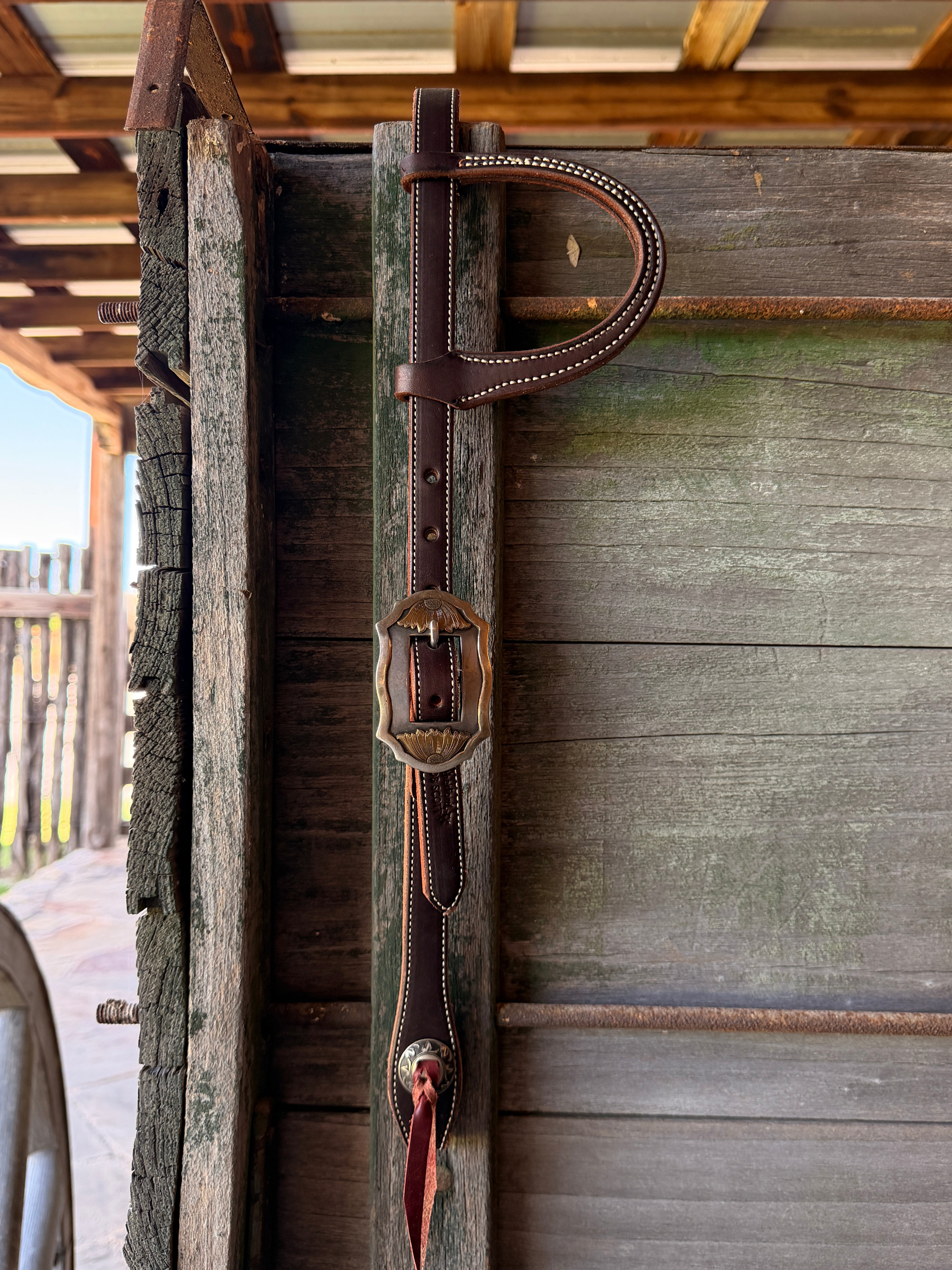 Bob Scott Single Ear Loop Headstall w/ Scallop Sunflower Buckle and Concho Leather Ties