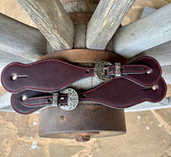 Bob Scott Dark Smooth Leather Spur Straps w/ Red Border Stitching And KK Buckles
