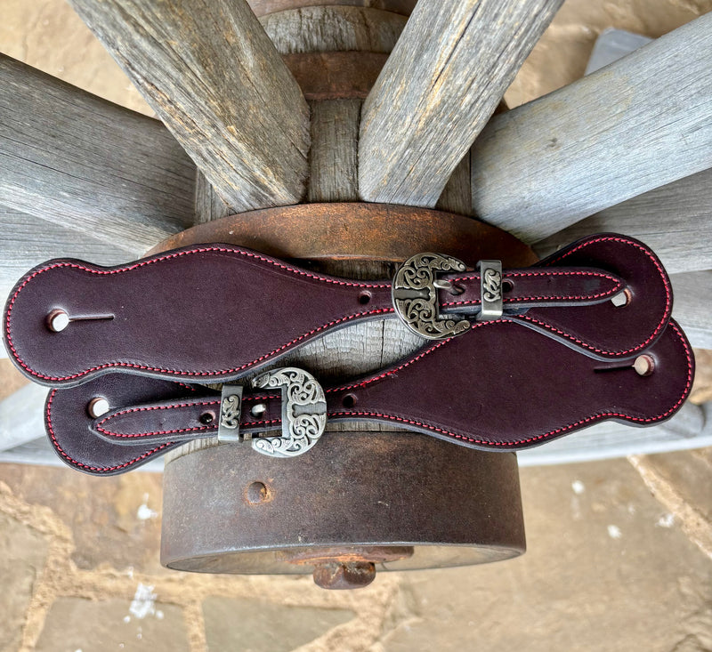 Bob Scott Dark Smooth Leather Spur Straps w/ Red Border Stitching And KK Buckles