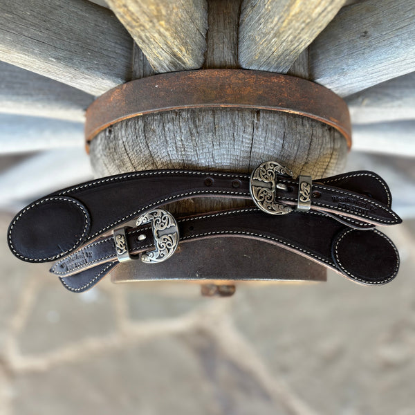 Bob Scott Dark Smooth Spur Straps w/ White Border Stitching w/ KK Buckles