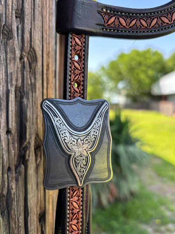 JD Geometric Basket Flower Stamped Ear Loop Headstall w/ Square Kerry Kelley Buckle
