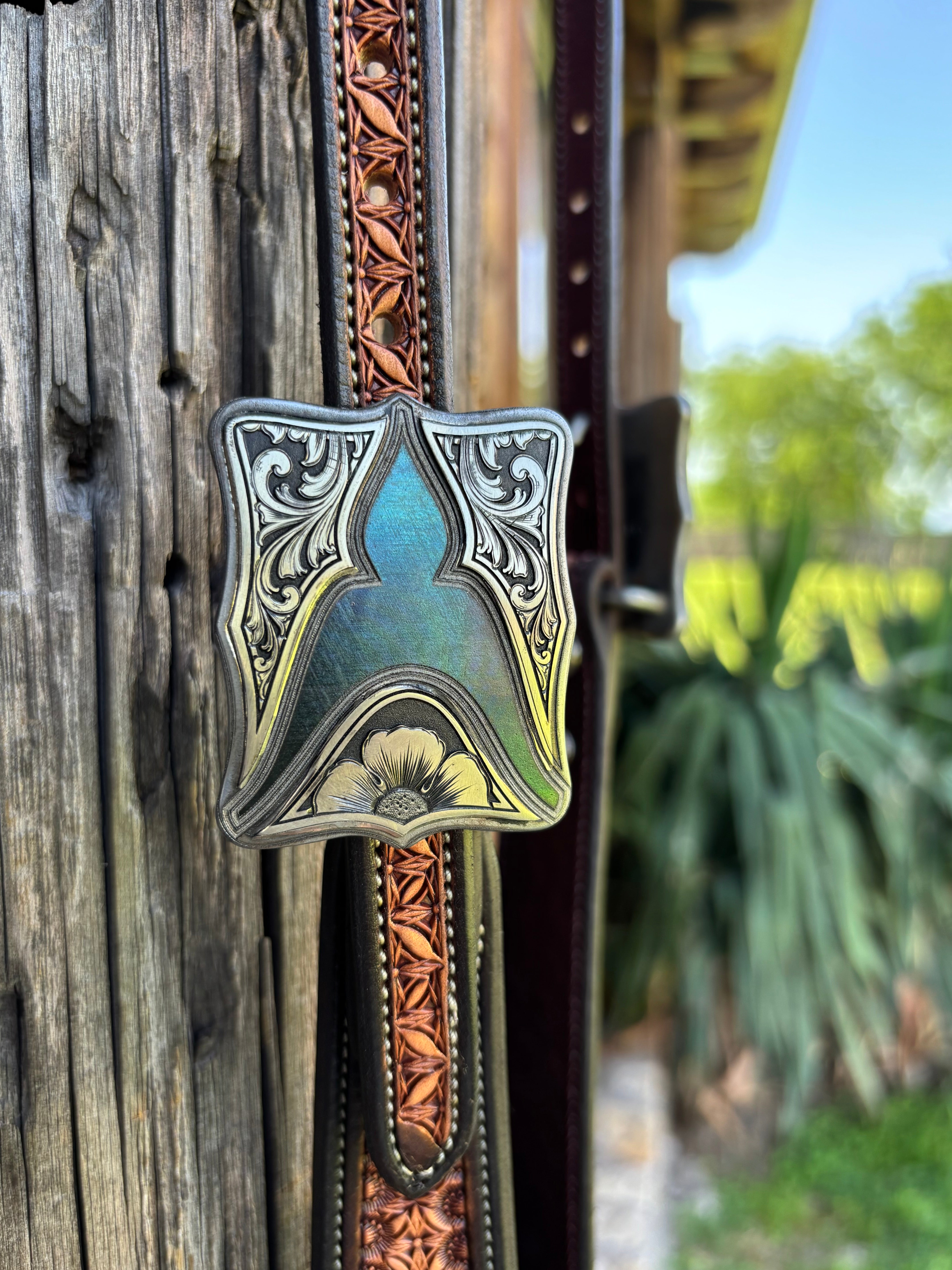JD Basket Flower Stamped Ear Loop Headstall w/ Square Kerry Kelley Buckle