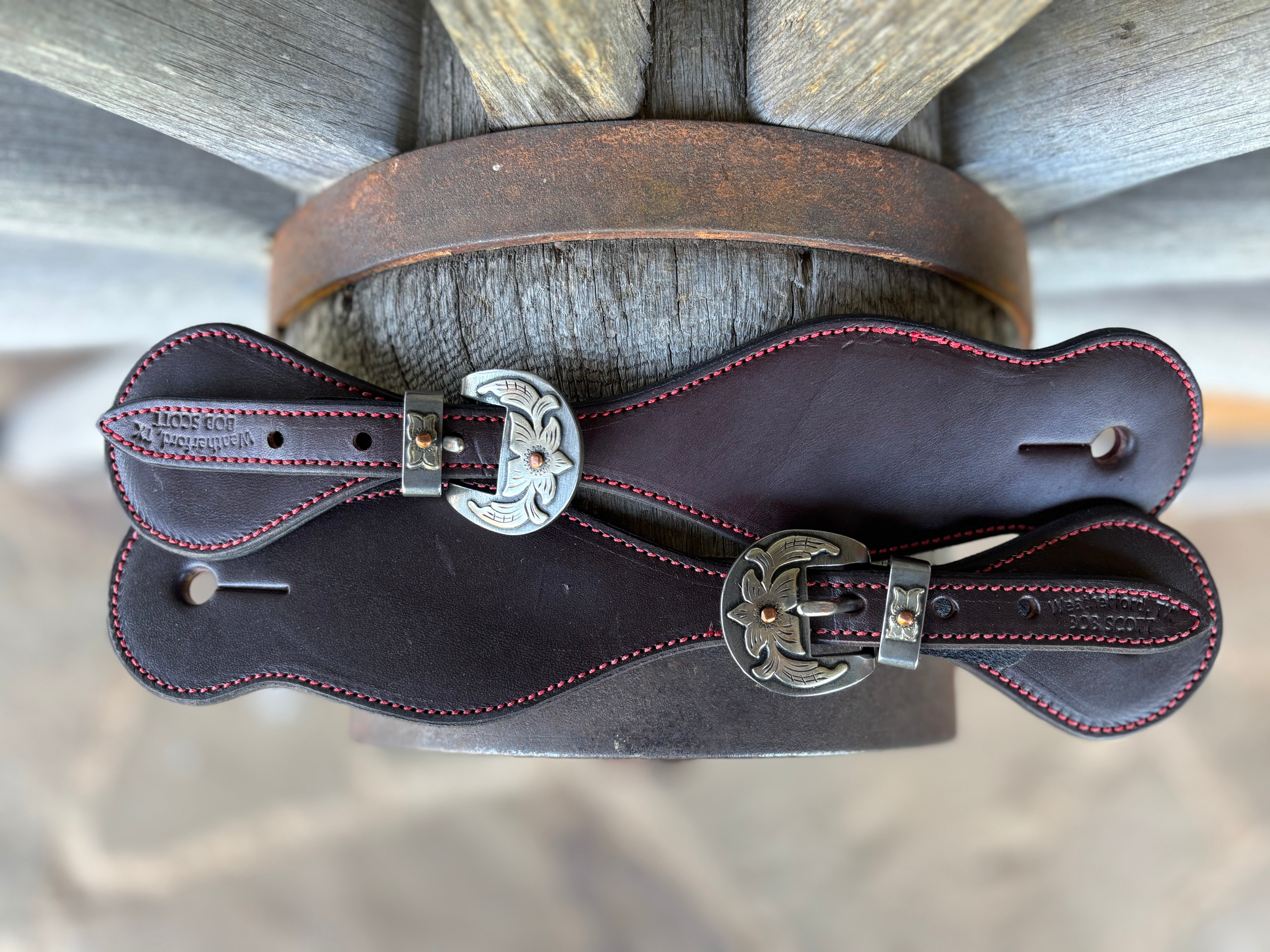 Bob Scott Dark Smooth Leather Spur Straps w/ Red Border Stitching And KK Buckles