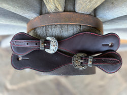 Bob Scott Dark Smooth Leather Spur Straps w/ Red Border Stitching And KK Buckles