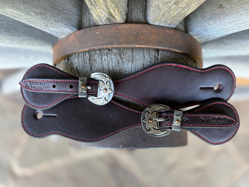Bob Scott Dark Smooth Leather Spur Straps w/ Red Border Stitching And KK Buckles