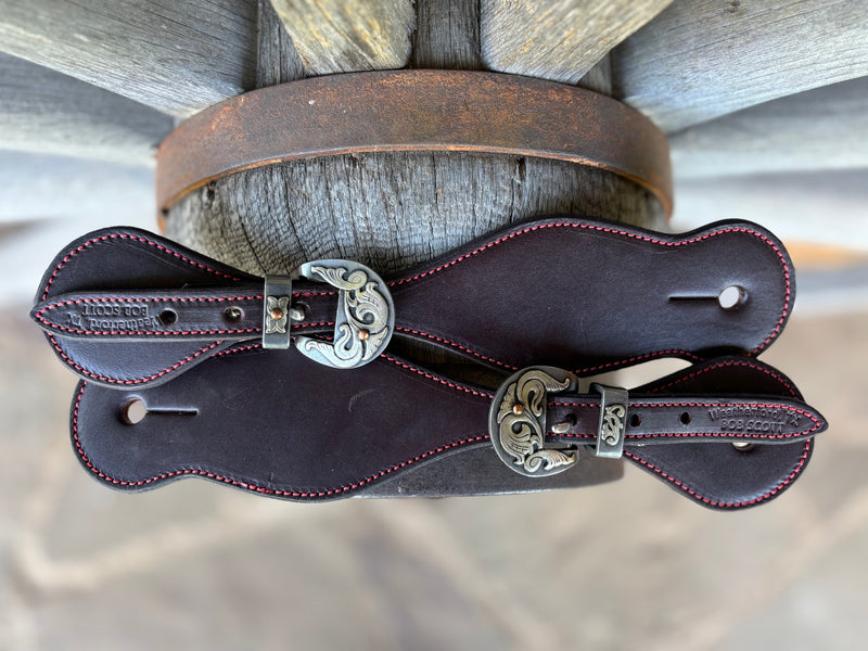 Bob Scott Dark Smooth Leather Spur Straps w/ Red Border Stitching And KK Buckles