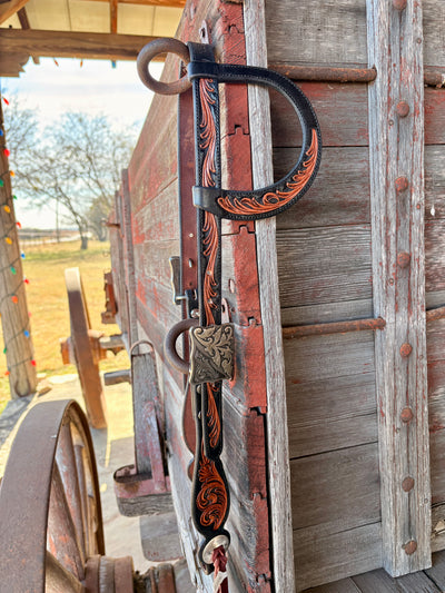 TM Leather Tooled Ear Loop Headstall w/ Engraved Square Buckle
