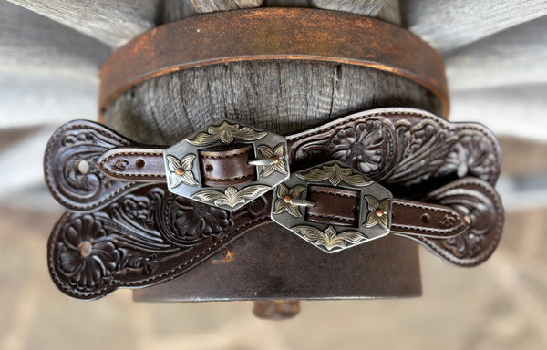 Jake Vance Medium Tooled Spur Straps w/ KK Diamond Buckles
