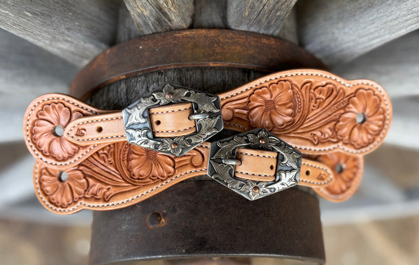 Jake Vance Medium Tooled Spur Straps w/ KK Diamond Buckles