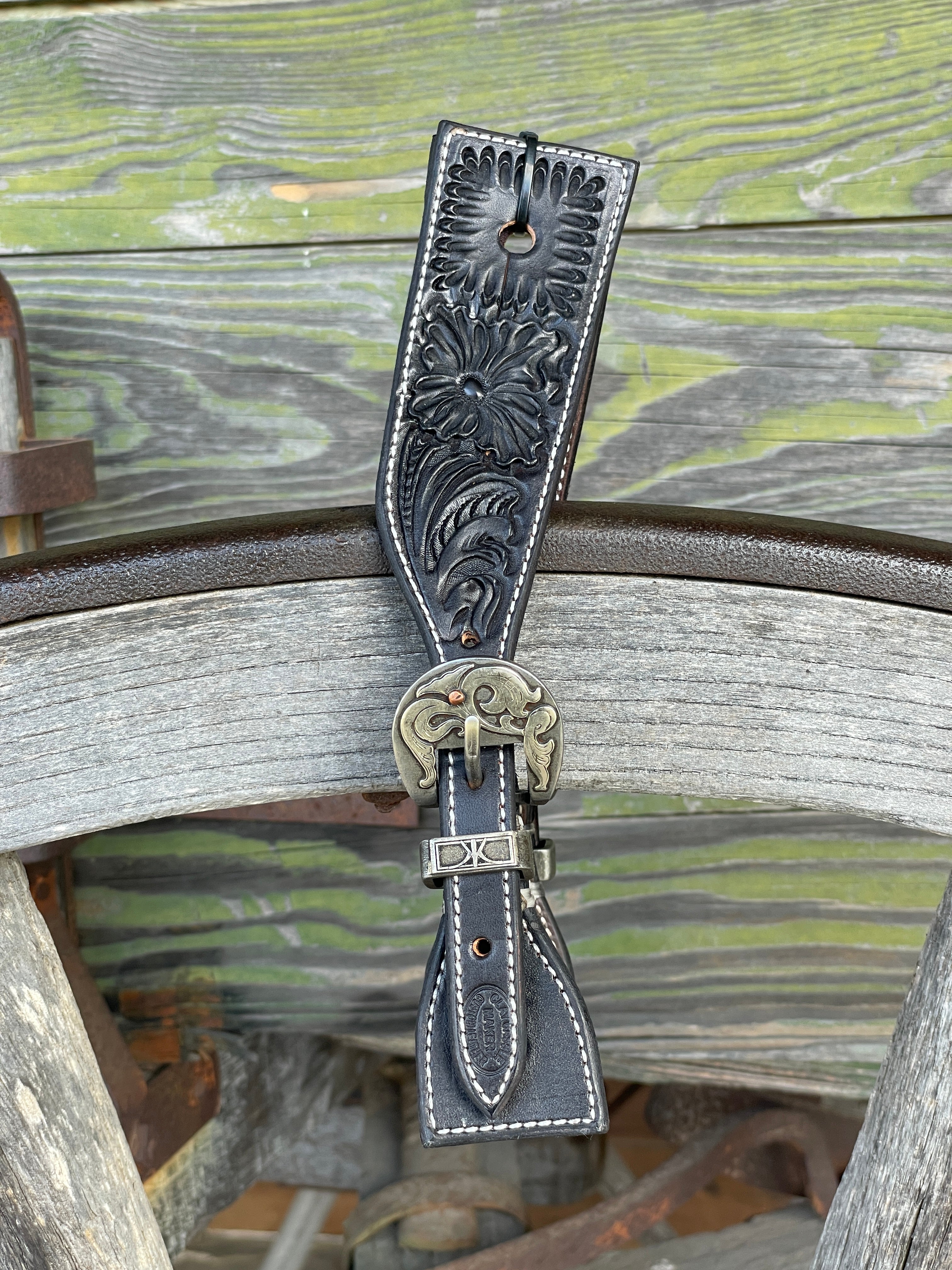 Clay Cassle Small-Medium Square Tooled Black Spur Straps w/ KK Fancy Buckles