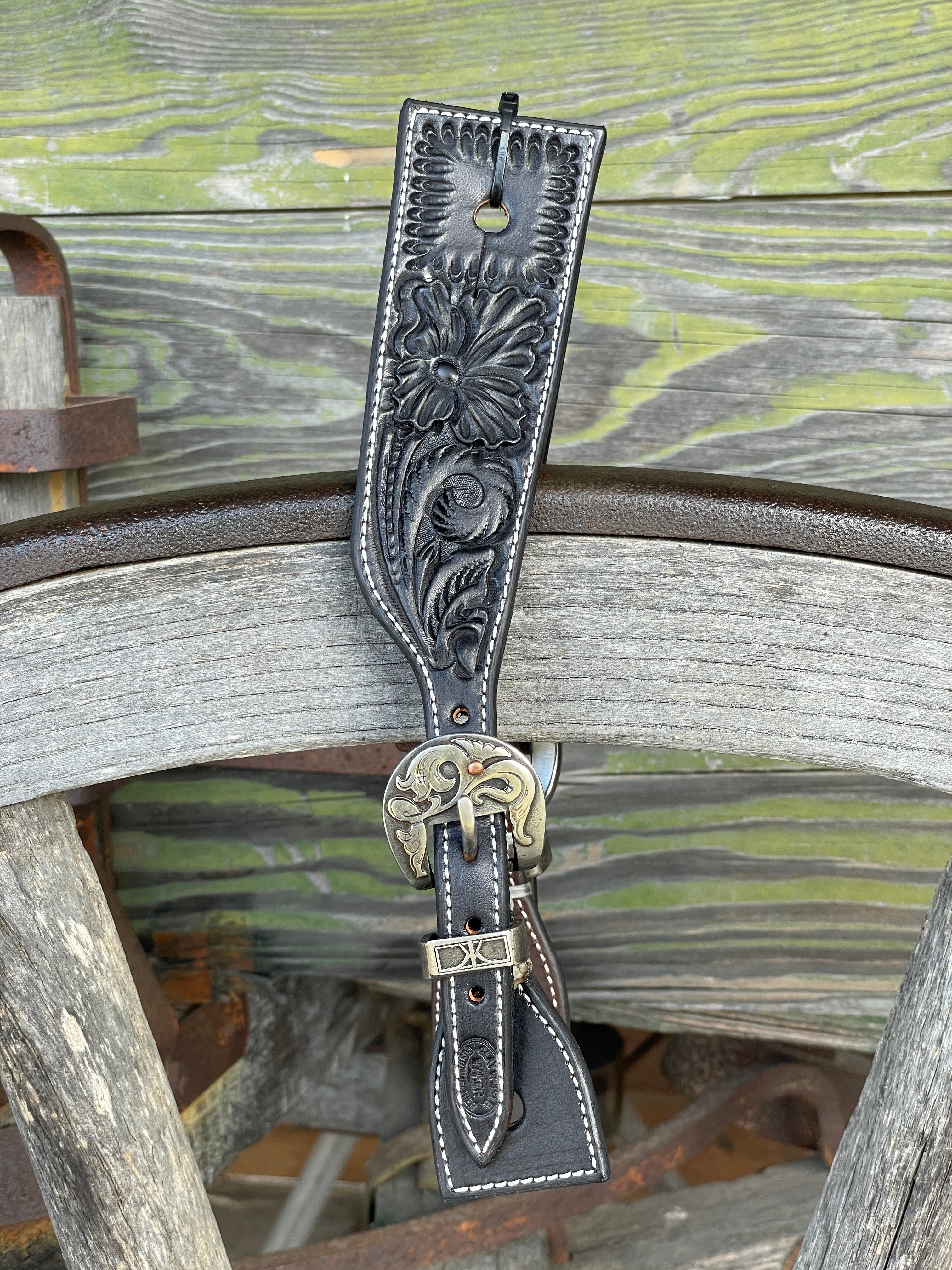 Clay Cassle Medium-Large Square Tooled Black Spur Straps w/ KK Fancy Buckles