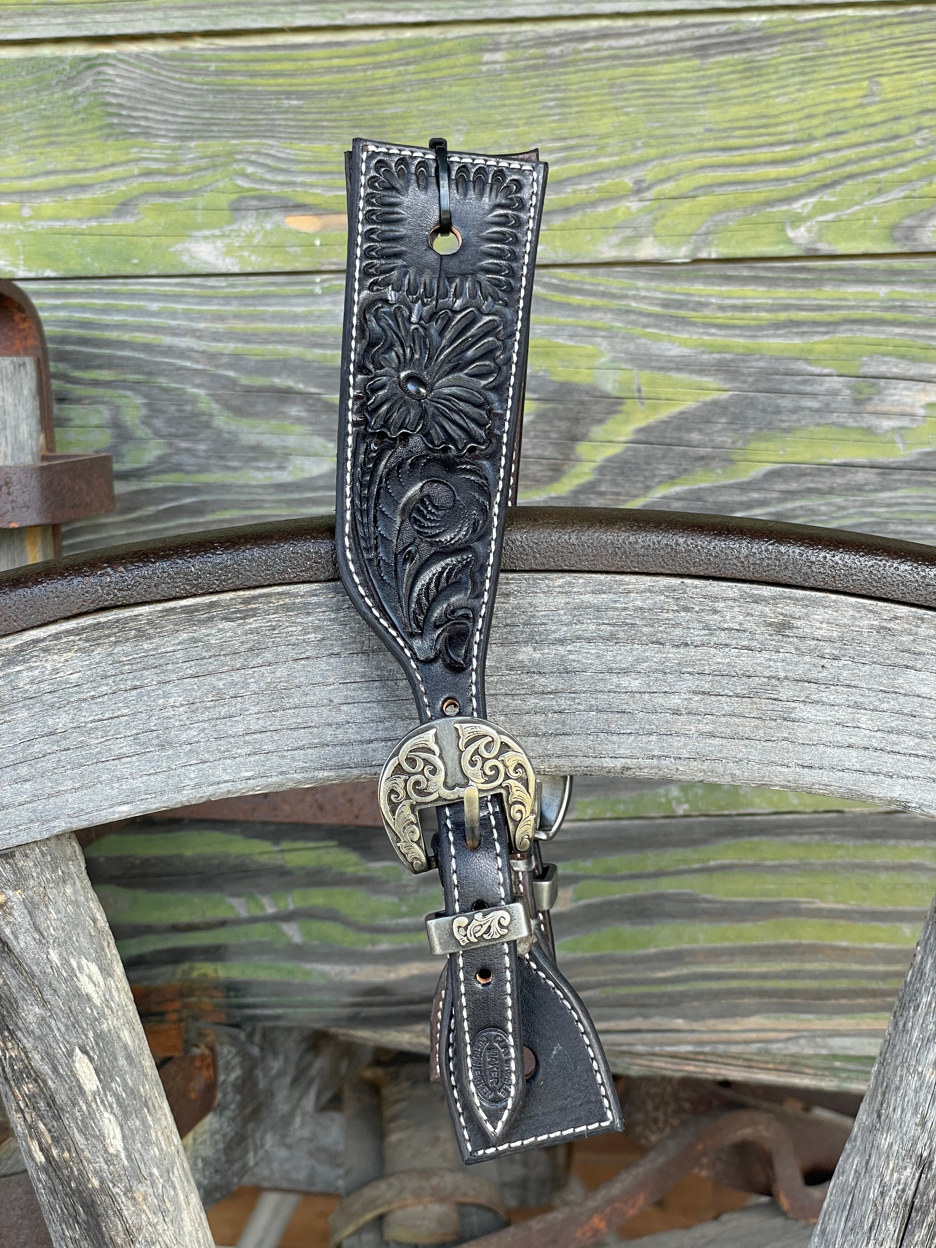 Clay Cassle Small-Medium Square Tooled Black Spur Straps w/ KK Fancy Buckles