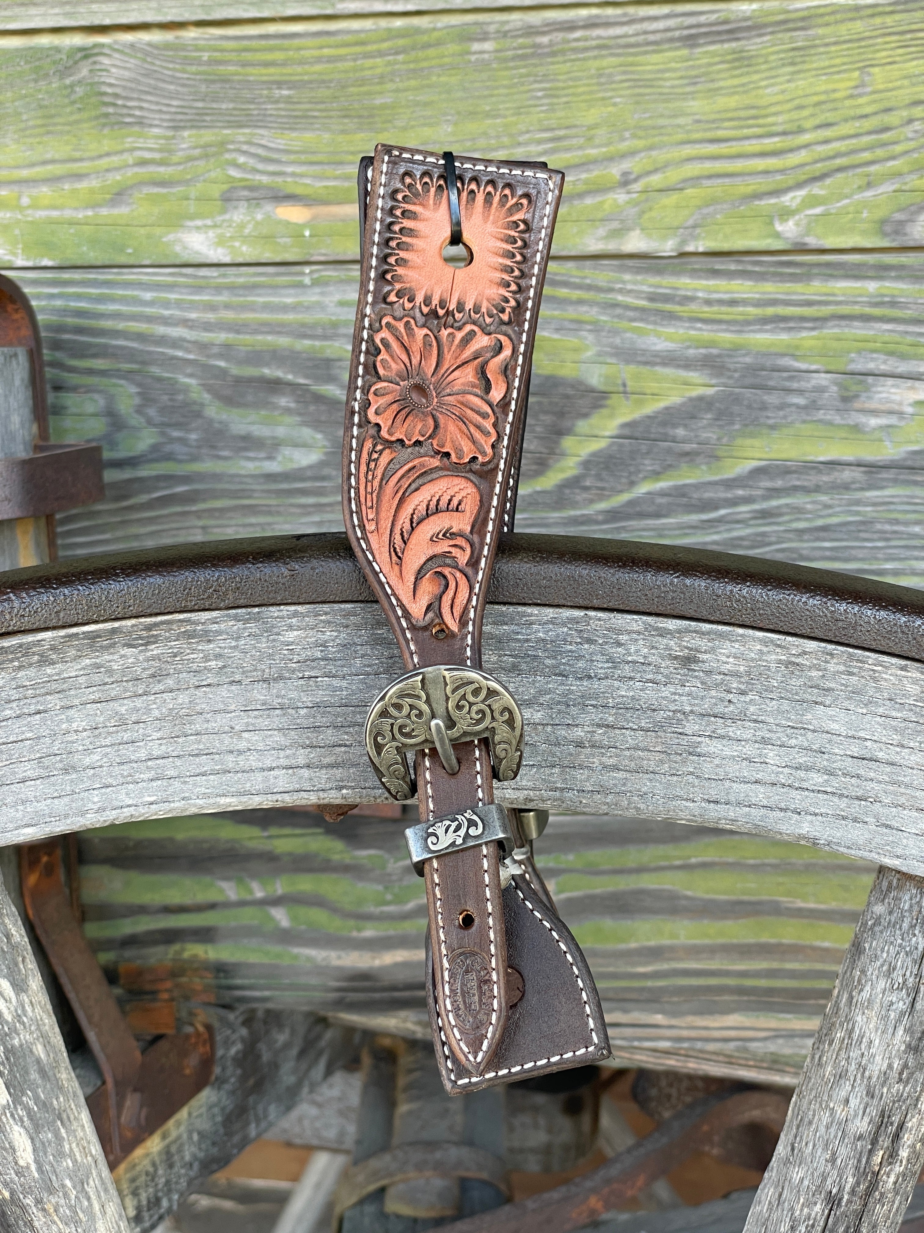 Clay Cassle Small-Medium Square Tooled Brown Two-Tone Spur Straps w/ KK Fancy Buckles