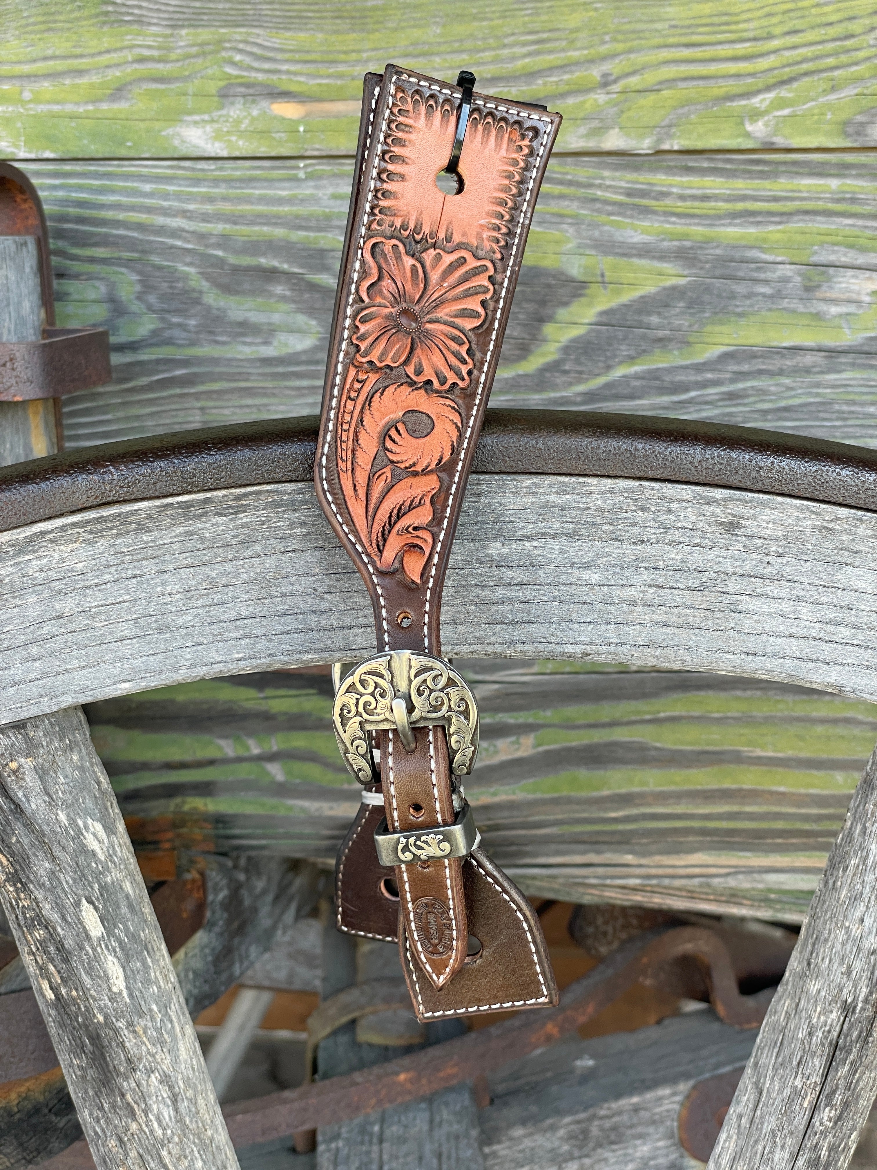 Clay Cassle Medium-Large Square Tooled Brown Two-Tone Spur Straps w/ KK Fancy Buckles