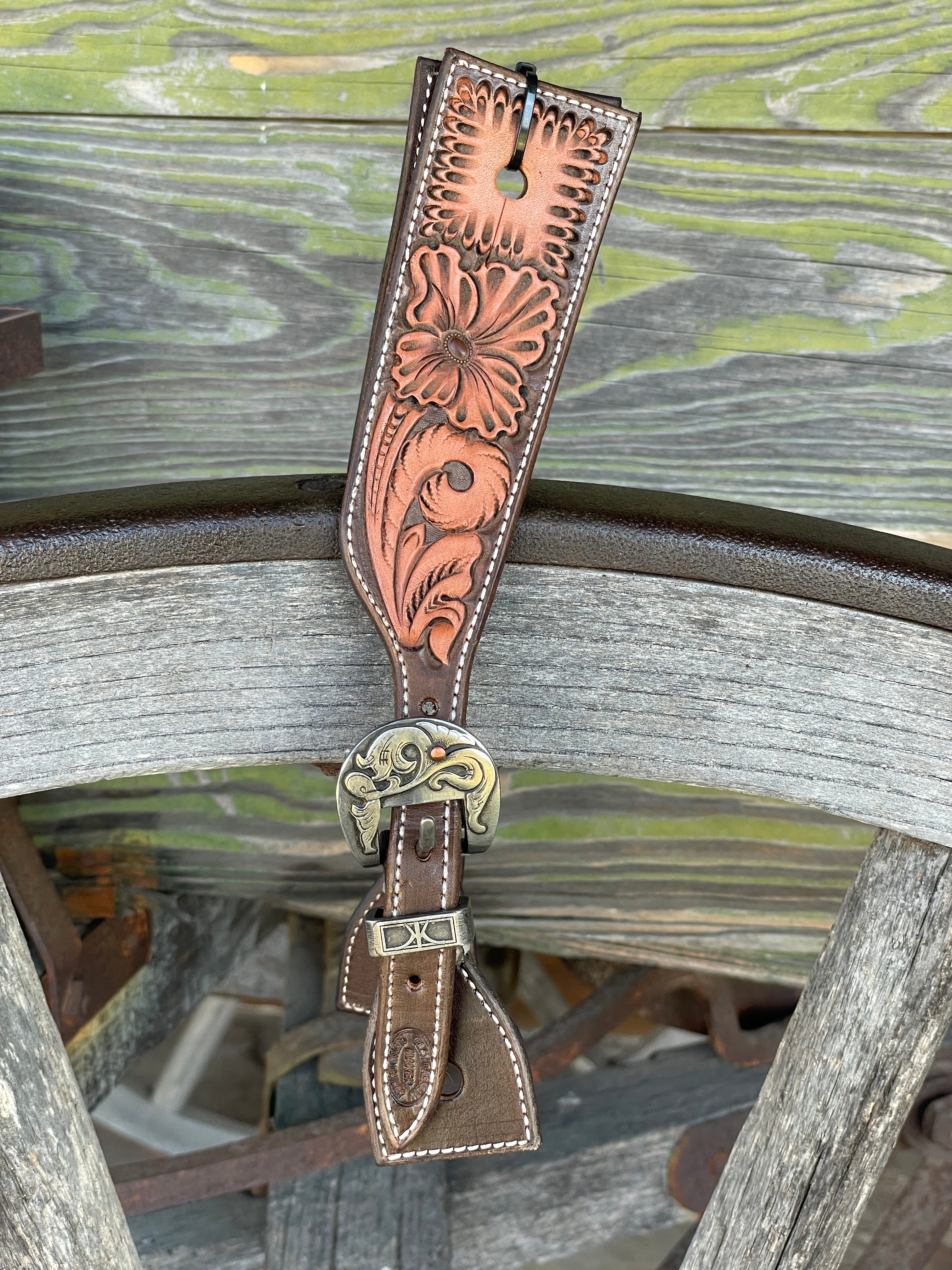 Clay Cassle Medium-Large Square Tooled Brown Two-Tone Spur Straps w/ KK Fancy Buckles