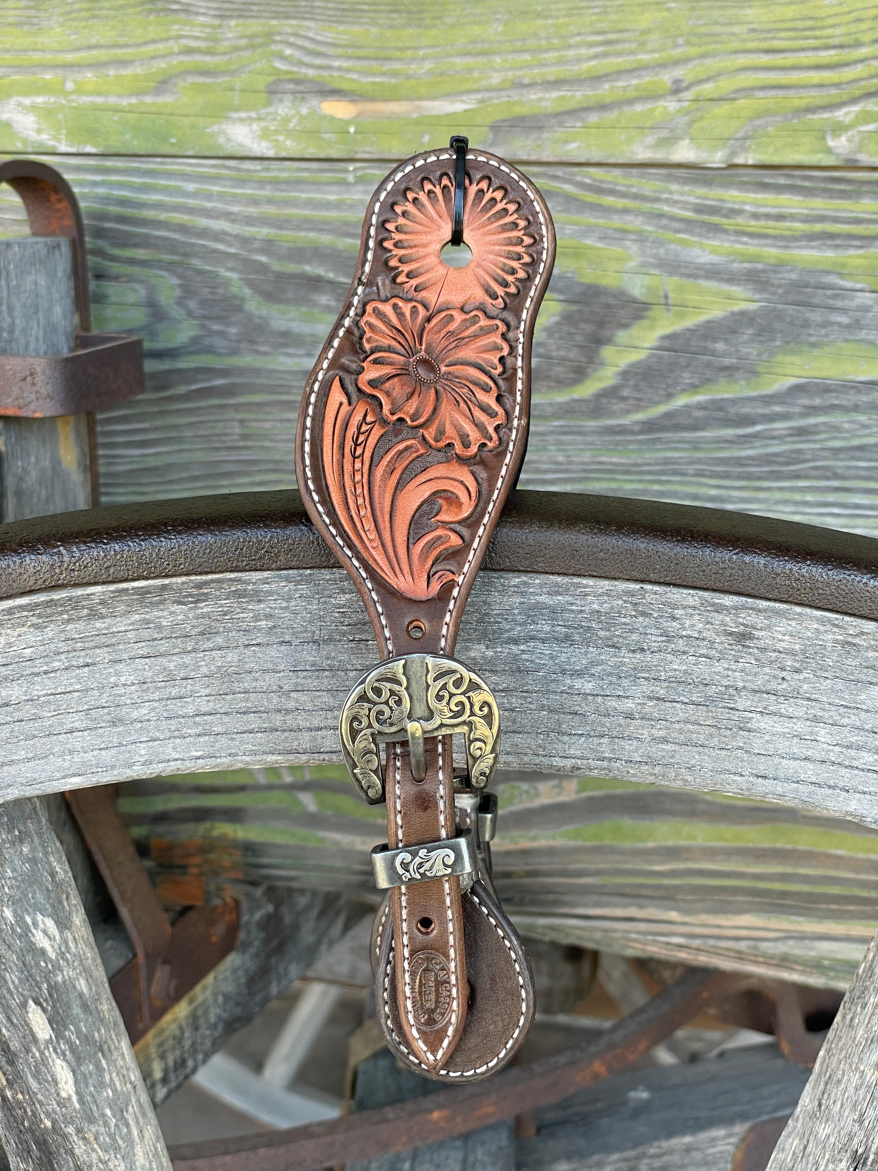 Clay Cassle Small-Medium Round Tooled Brown Two-Tone Spur Straps w/ KK Fancy Buckles