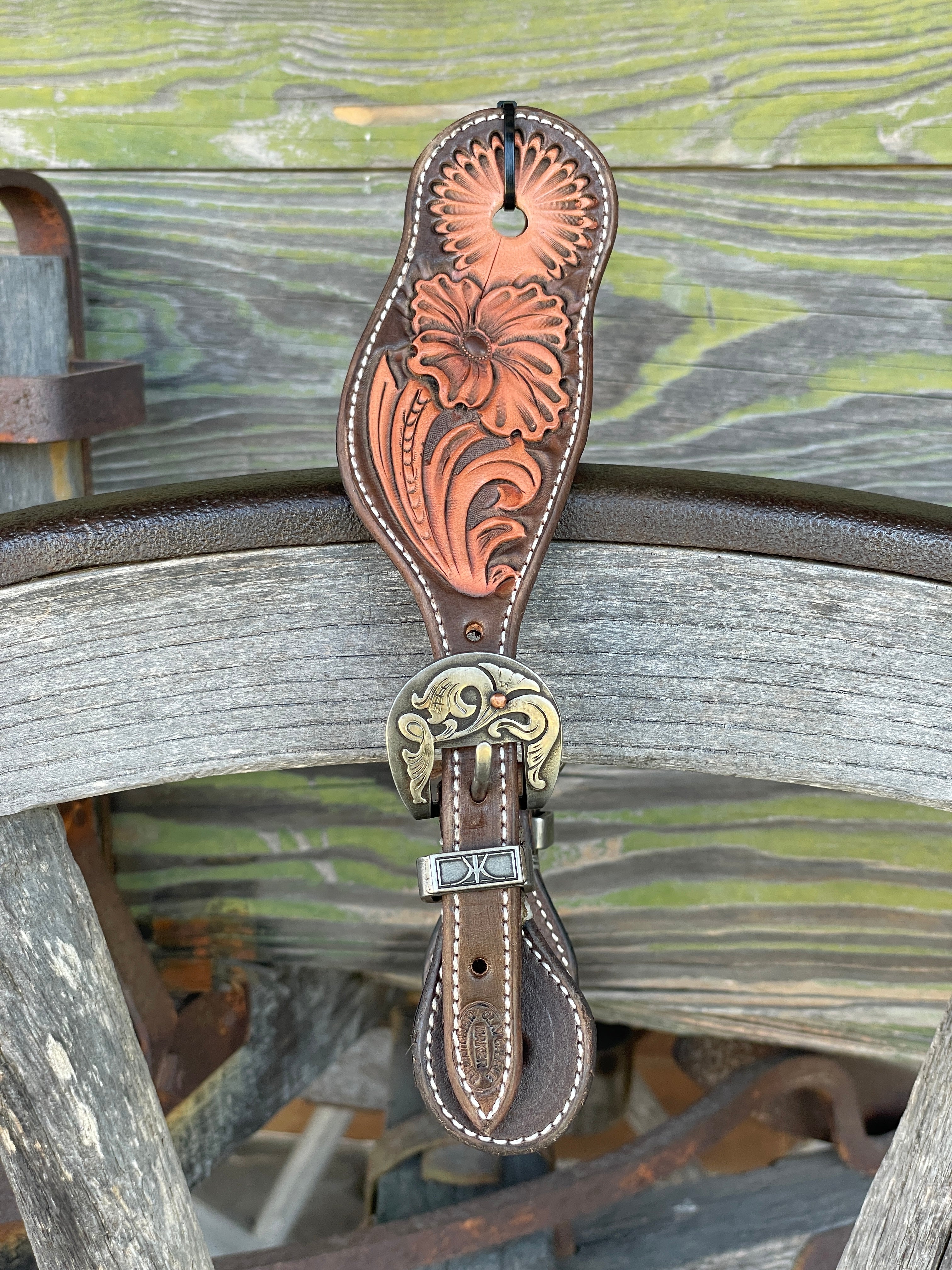 Clay Cassle Small-Medium Round Tooled Brown Two-Tone Spur Straps w/ KK Fancy Buckles