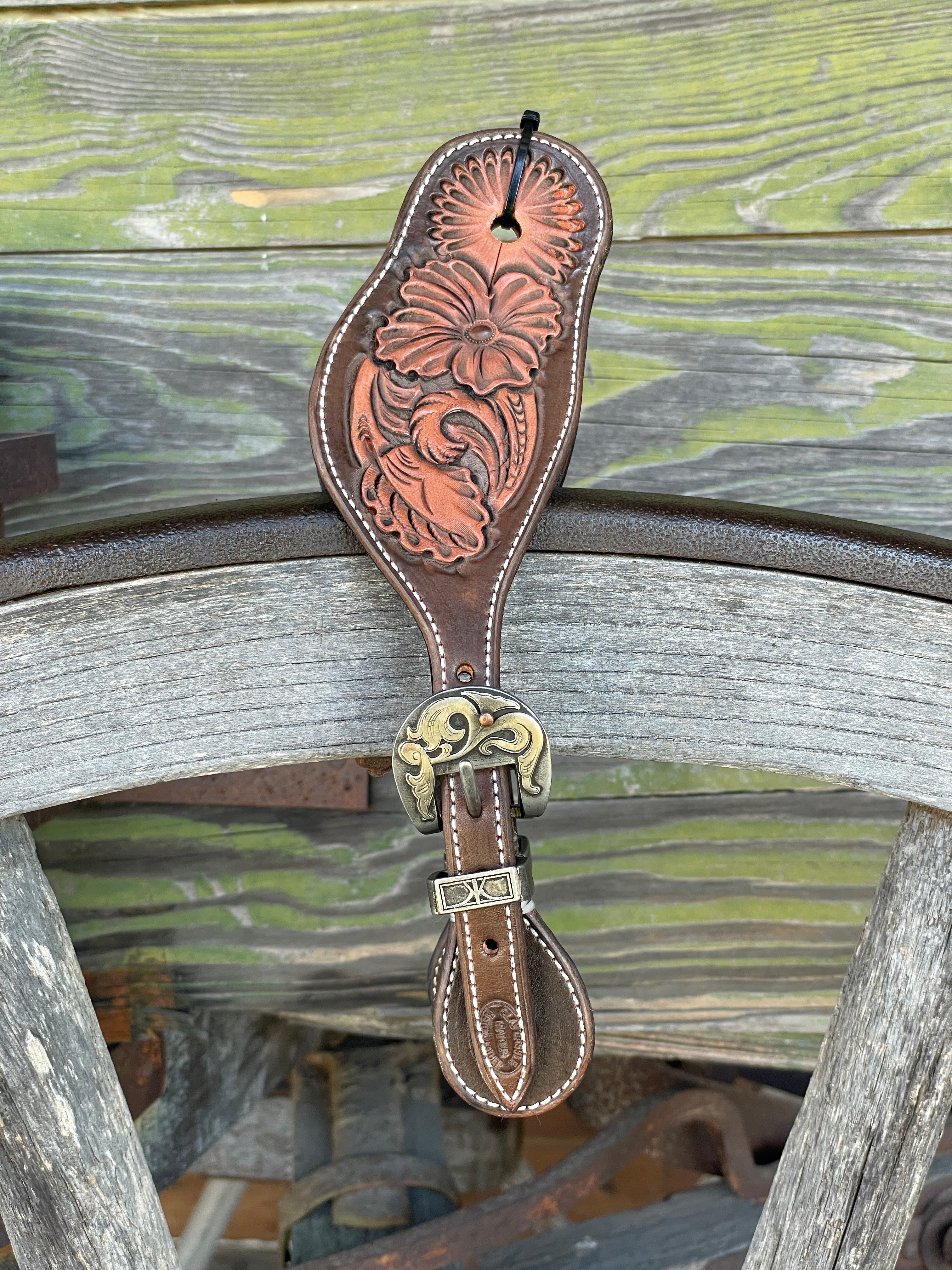 Clay Cassle Medium-Large Round Tooled Brown Two-Tone Spur Straps w/ KK Fancy Buckles