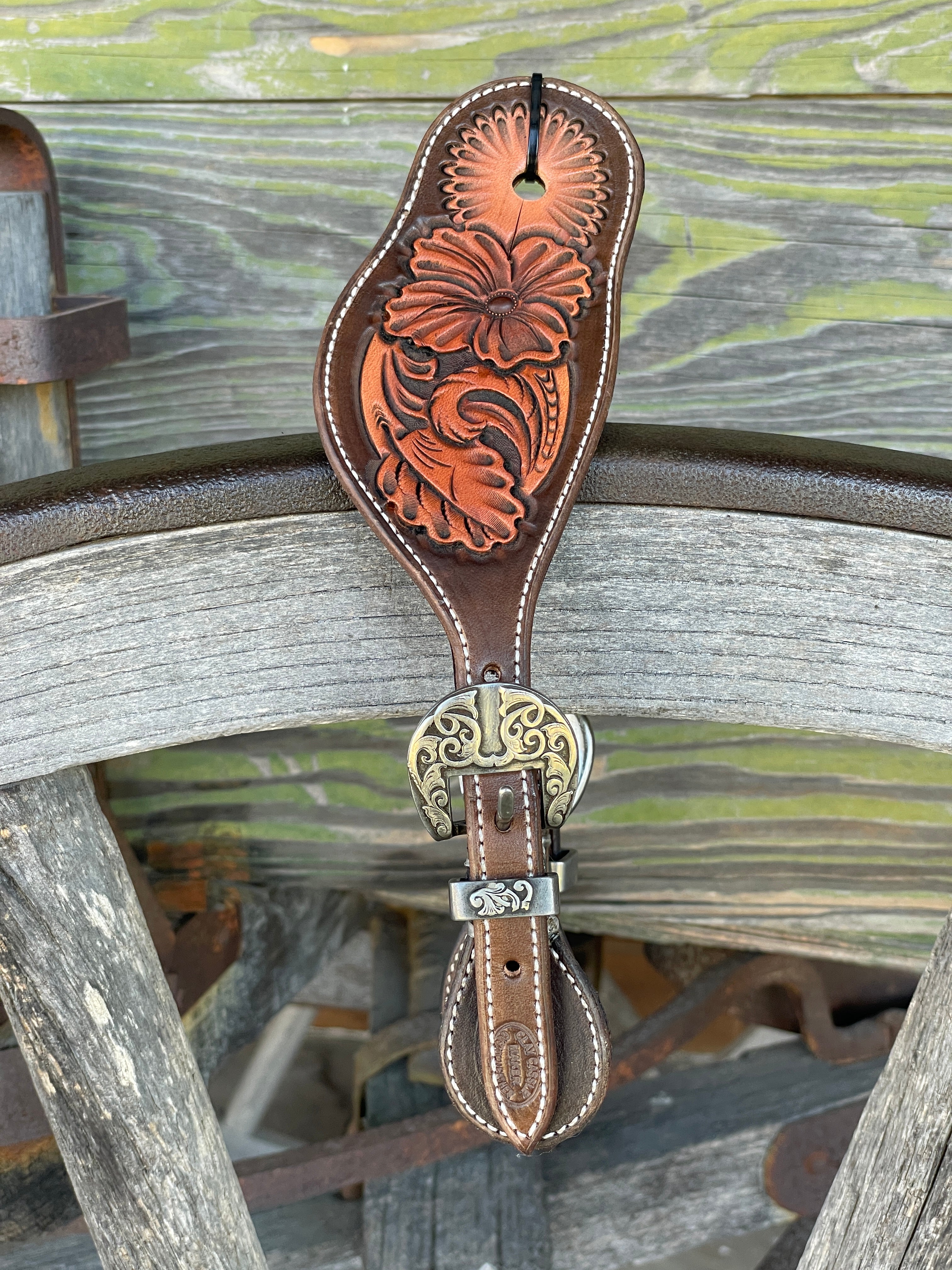 Clay Cassle Medium-Large Round Tooled Brown Two-Tone Spur Straps w/ KK Fancy Buckles