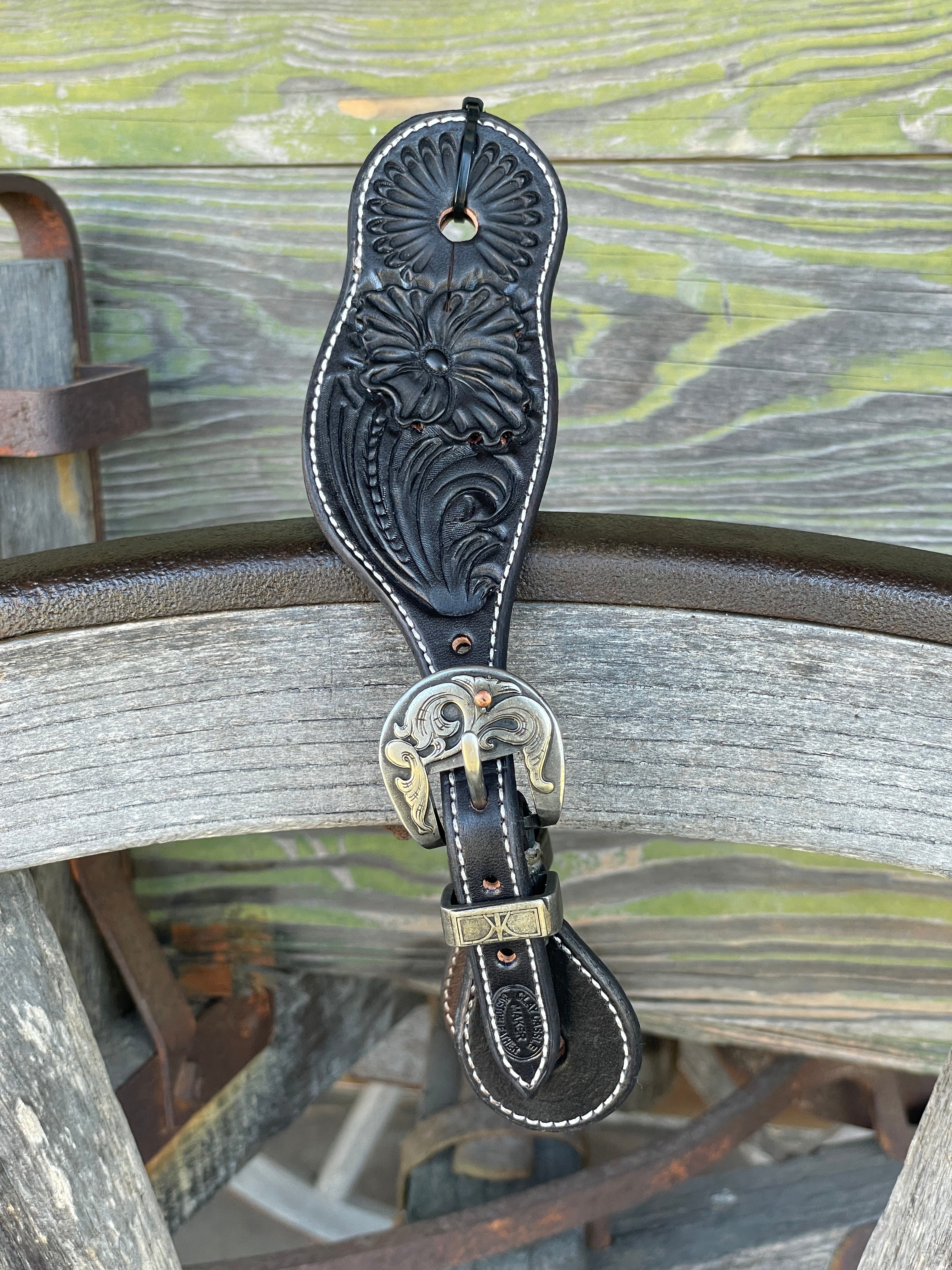 Clay Cassle Small-Medium Round Tooled Black Spur Straps w/ KK Fancy Buckles