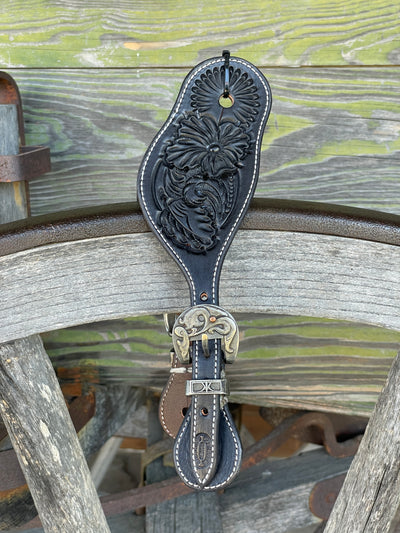 Clay Cassle Medium-Large Round Tooled Black Spur Straps w/ KK Fancy Buckles