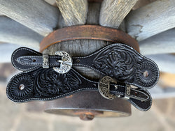 Clay Cassle - Large Black Tooled Spur Straps w/ Scroll KK Buckles