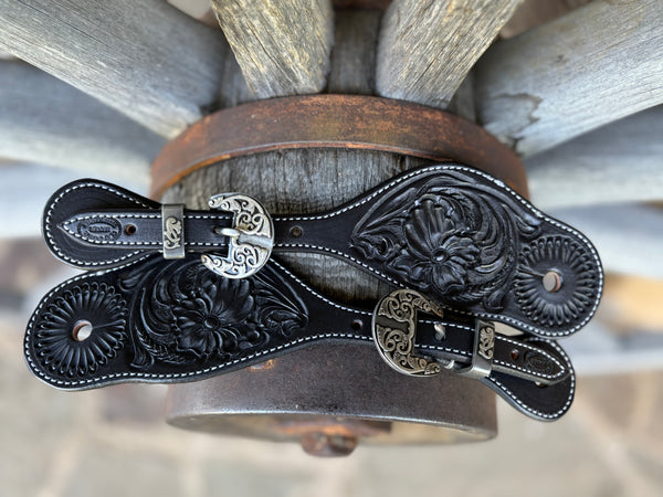 Clay Cassle - Large Black Tooled Spur Straps w/ Scroll KK Buckles