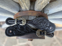 Clay Cassle - Large Black Tooled Spur Straps w/ Scroll KK Buckles