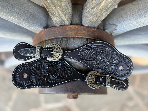 Clay Cassle - Large Black Tooled Spur Straps w/ Scroll KK Buckles